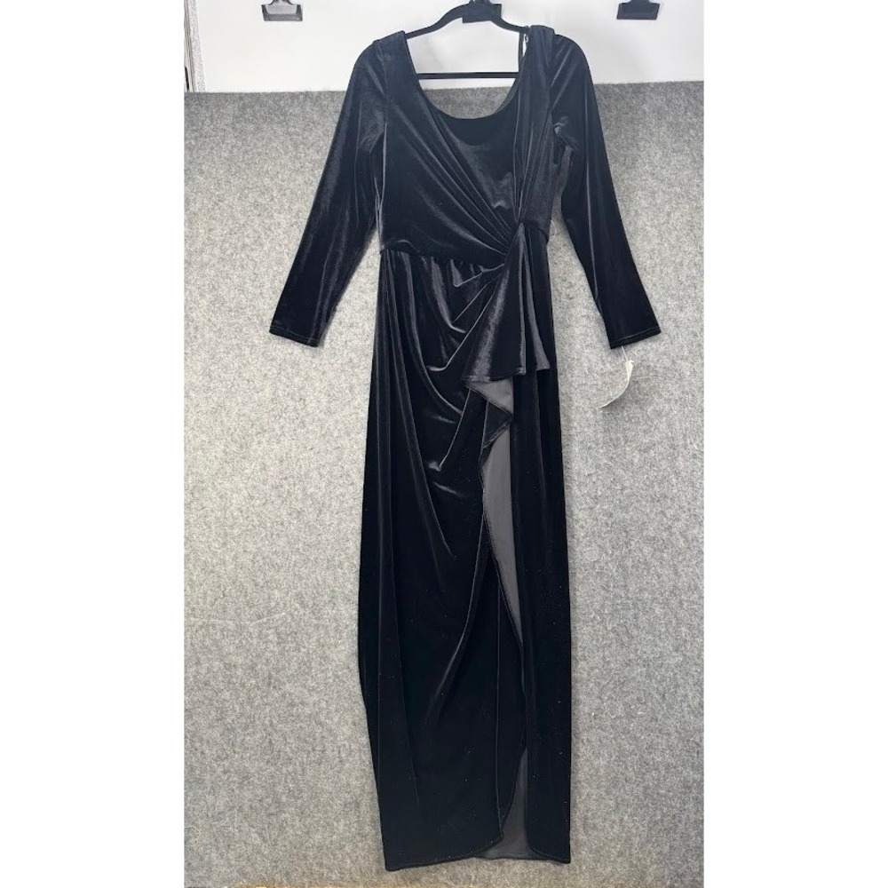 Jeffrey & Dara Black Velvet Maxi Dress Long Sleeve Ruched Side Slit Size 14 NEW